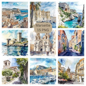 Acuarela Marsella Clipart, hermosas imágenes individuales PNG de Francia sobre fondo transparente, sublimación, uso comercial