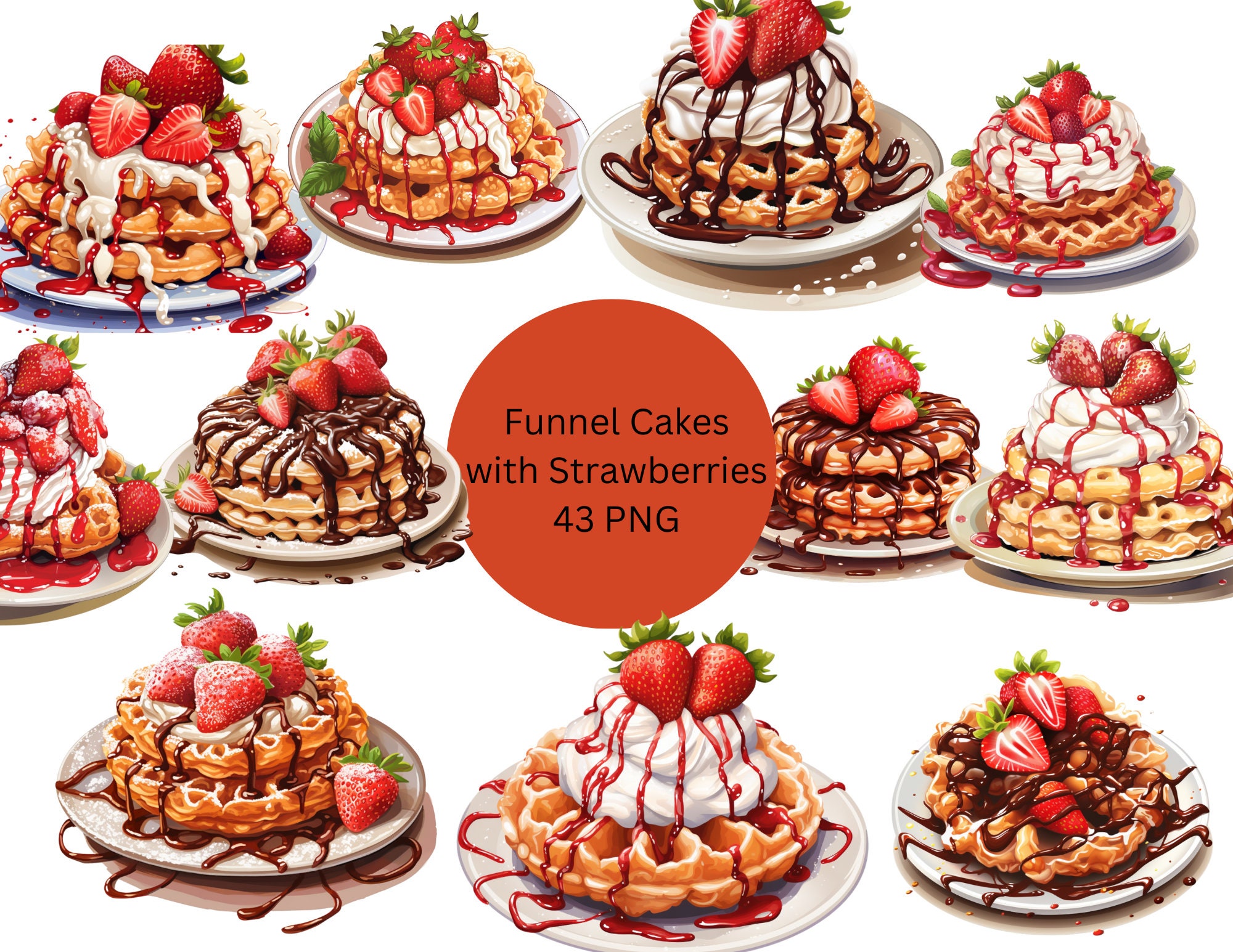 Funnel Cakes with Strawberries Clipart, delicious dessert PNG, digital files on transparent background, commercial use
