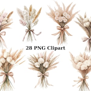 28 Pampa Grass Bouquets Watercolor Clipart, Floral Clipart, PNG individual images on transparent background, sublimation