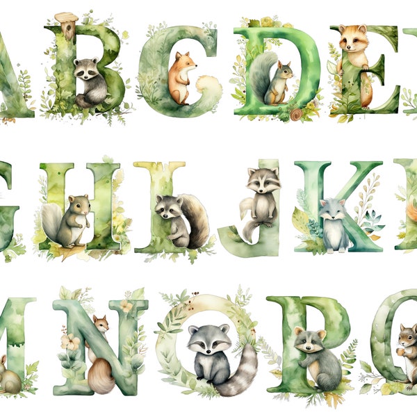 Watercolor Woodland Alphabet Clipart ,  Alphabet, transparent background, high quality, clipart, 12x12, commercial use