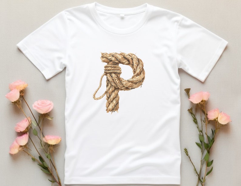 May include: White t-shirt with a rope design in the shape of the letter "P".