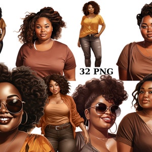 32 femmes noires bien roulées en jeans marron Clipart, clipart mode, femmes de couleur, images individuelles PNG sur fond transparent