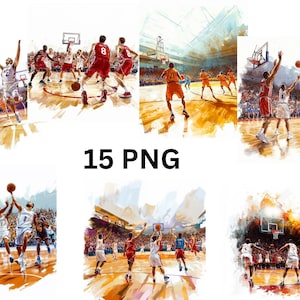 15 Basketballplätze Aquarell Clipart, Basketball Clipart, PNG einzelne Bilder auf transparentem Hintergrund, Sublimation