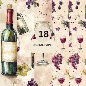 Wine Digital Paper – Wine Bottles & Grapes Backgrounds for Scrapbooking, Crafts, Invitations