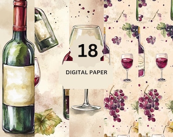 Digitaal wijnpapier: wijnflessen en druiven Achtergronden voor scrapbooking, knutselen en uitnodigingen