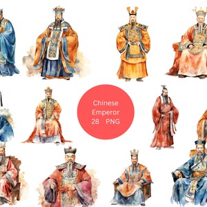 28 Chinese keizers aquarel clipart, China clipart, individuele PNG-afbeeldingen op transparante achtergrond, sublimatie