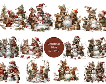 May include: A set of 19 digital illustrations featuring cute mice dressed in festive attire, building snowmen, and celebrating Christmas. The illustrations are in a cartoon style with bright colors and whimsical details.
