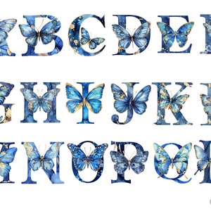 Alfabeto delle farfalle blu dell'acquerello in download immediato in formato PNG per uso commerciale, alta risoluzione, 12x12, uso commerciale