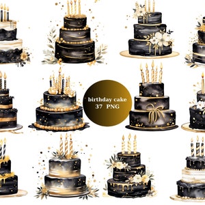 37 pasteles de cumpleaños negros y dorados acuarela clipart, imágenes prediseñadas de fiesta, imágenes individuales PNG sobre fondo transparente, sublimación