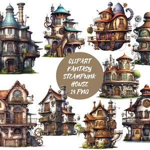 Steampunk Houses Clipart, PNG digital files on transparent background, scrapbook, sublimation, commercial use