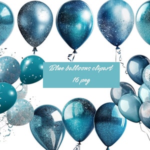 Blauwe ballonnen Clipart, glitter ballon png digitale overlays met confetti voor verjaardagen instant download commercieel gebruik