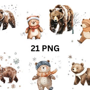 冬のクマのクリップアートコレクション – スカーフと雪の結晶をまとった愛らしい雪のクマの PNG 21 個。休日や冬をテーマにしたデザインに最適です。