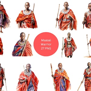 27 Maasai Krieger Aquarell Clipart, Afrika Clipart, PNG einzelne Bilder auf transparentem Hintergrund, Sublimation