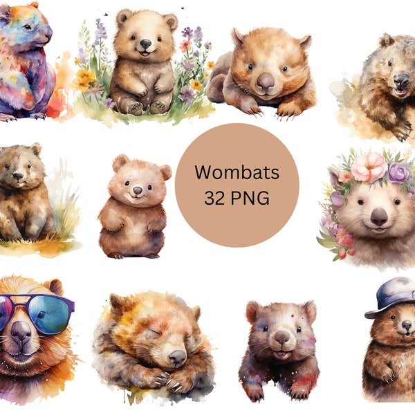 Watercolor Wombats Clipart, PNG digital files on a transparent background, scrapbook, sublimation, commercial use