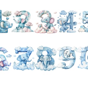 Clipart di numeri di elefante carino dell'acquerello, immagini singole PNG, uso commerciale, sfondo trasparente, sublimazione