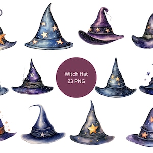 23 chapéus de bruxa clipart aquarela, clipart de Halloween, imagens individuais PNG em fundo transparente, sublimação