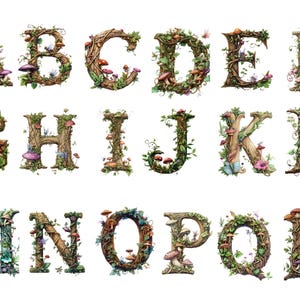 Clipart alphabet fée forêt - nature enchantée lettres PNG avec champignons et vignes, téléchargement immédiat pour un usage commercial