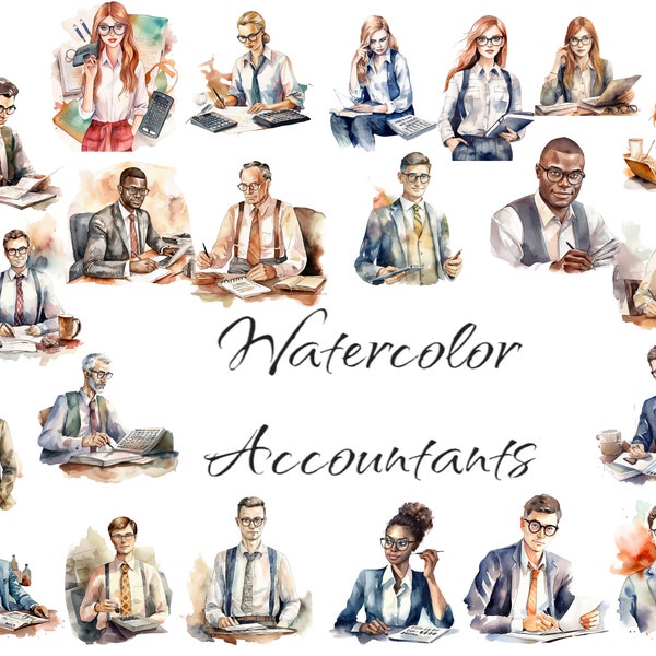 Watercolor Accountants Clipart, PNG digital files on a transparent background, scrapbook, invitations, commercial use, instant download