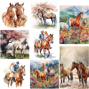 Aquarelle chevaux Clipart, images numériques PNG, fond transparent, haute qualité, 12 x 12, utilisation commerciale, téléchargement immédiat