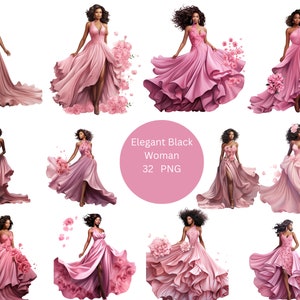 32 elegante zwarte vrouwen in roze aquarel clipart, women of colour clipart, individuele png-afbeeldingen op transparante achtergrond, sublimatie