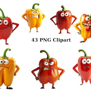 Może przedstawiać: Zestaw 6 kreskówkowych papryk z różnymi wyrażeniami twarzy. Papryki są czerwone, żółte i pomarańczowe. Papryki stoją samodzielnie z ramionami i nogami.