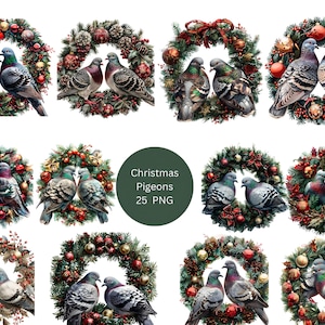 Clipart di piccioni di Natale - 25 download digitale PNG / ghirlande natalizie con piccioni / illustrazioni di uccelli festivi per artigianato, cartoline e decorazioni
