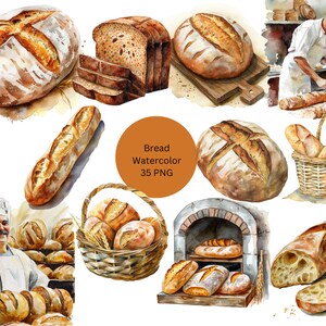 Può includere: Illustrazione ad acquerello di vari tipi di pane, tra cui pagnotte, baguette e panini. L'illustrazione presenta un panettiere con una camicia bianca e un grembiule marrone, un cesto di pane e un forno a legna. Il testo "Bread Watercolor 35 PNG" è visualizzato al centro dell'immagine.