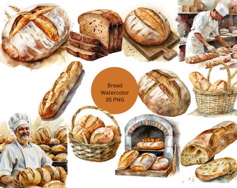 May include: Watercolor illustration of various types of bread, including loaves, baguettes, and rolls. The illustration features a baker in a white shirt and a brown apron, a basket of bread, and a brick oven. The text "Bread Watercolor 35 PNG" is displayed in the center of the image.