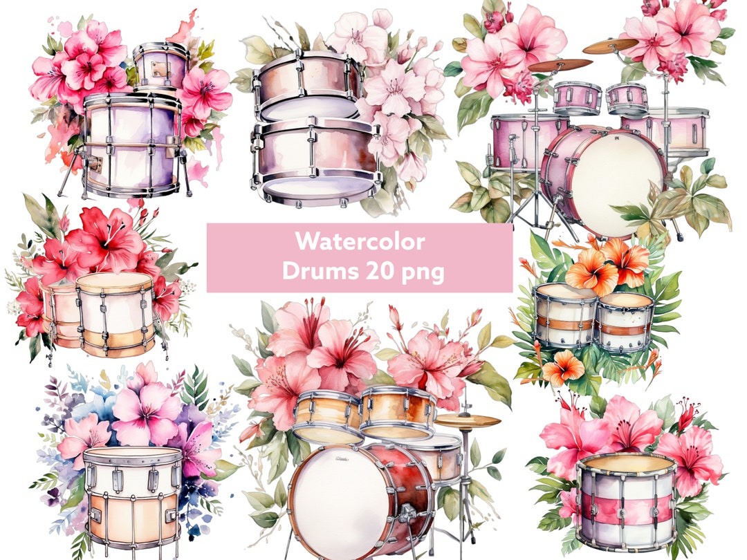 Watercolor Floral Drums Clipart, Transparent Background, High Quality
