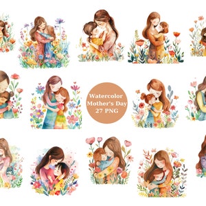 Watercolor Mother and Daughter Clipart, Mother's Day PNG digital files on transparent background, sublimation, commercial use