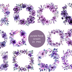 23 lila Blumenkränze Aquarell Clipart, PNG digitale Dateien auf transparentem Hintergrund, Sublimation, kommerzielle Nutzung