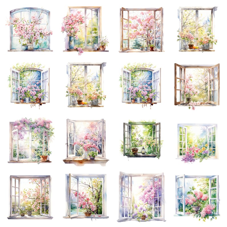 Watercolor Spring Windows Clipart, PNG Digital Files on Transparent ...