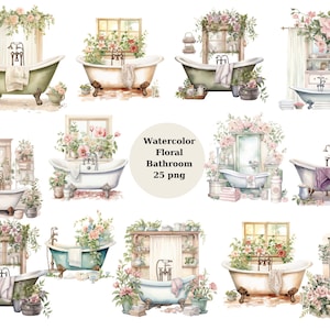Aquarel bloemen badkamer clipart, digitale PNG-bestanden op een transparante achtergrond, plakboek, sublimatie, commercieel gebruik