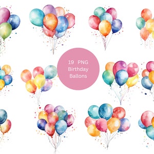 Clipart ad acquerello di 19 palloncini di compleanno, clipart di palloncini, singole immagini PNG su sfondo trasparente, sublimazione