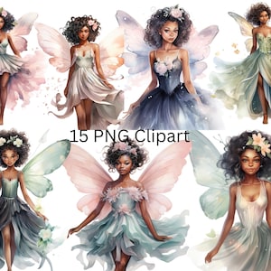 15 Black Fairy Girl Watercolor Clipart, PNG individual images on transparent background, sublimation, commercial use