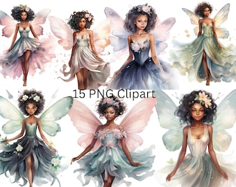 15 imágenes prediseñadas de acuarela de niña hada negra, imágenes PNG individuales sobre fondo transparente, sublimación, uso comercial