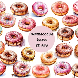 Watercolor delicious doughnuts clipart, 28 High quality PNG file, Watercolor donut clipart High resolution, 12x12, commercial use