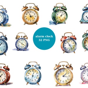32 wekkers aquarel clipart, items clipart, individuele PNG-afbeeldingen op transparante achtergrond, sublimatie