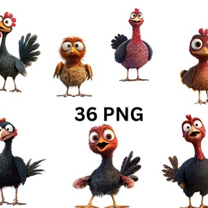 Lustiges Cartoon Huhn Clipart Bundle - 36 PNG auf transparentem Hintergrund von schrulligen und ausdrucksstarken Hühner Perfekt für Farm-Themen