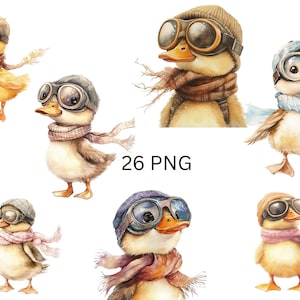 愛らしいアヒルのクリップアート - ゴーグルとスカーフをつけたかわいいアヒルの子のイラスト 26 点 (PNG)、透明な背景の個々の画像 (PNG)