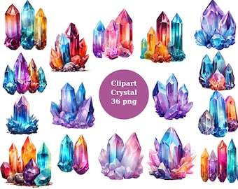May include: A set of 36 digital clipart images featuring colorful, sparkling crystals in various shapes and sizes. The crystals are rendered in a watercolor style, with a variety of colors and textures.