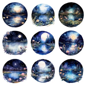 Clipart de lagoas noturnas em aquarela, molduras redondas PNG, arquivos digitais em fundo transparente, uso comercial