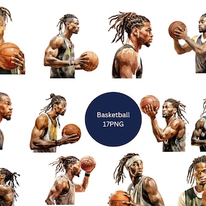 17 schwarze Männer spielen Basketball Aquarell Clipart, Basketball Clipart, PNG einzelne Bilder auf transparentem Hintergrund, Sublimation