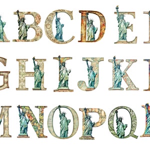 Clipart do alfabeto da estátua da liberdade em aquarela, imagens individuais PNG, uso comercial, fundo transparente, sublimação