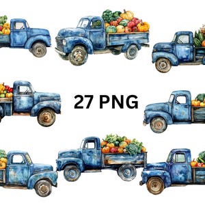Vintage Farm Truck Clipart, 27 PNG with Fall Harvest Produce, PNG digital files on transparent background, sublimation, commercial use