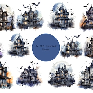 24 Spooky Houses Watercolor Clipart, Halloween Clipart, PNG individual images on transparent background, sublimation
