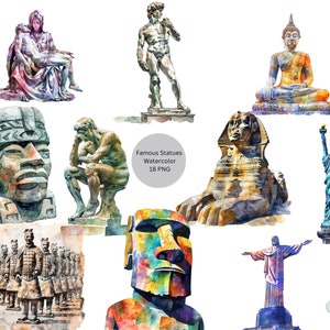 Clipart de estátuas famosas em aquarela, imagens individuais PNG em fundo transparente, sublimação, uso comercial