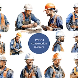 14 Clipart aquarelle de travailleurs de la construction, des cliparts de construction, images individuelles PNG sur fond transparent, sublimation