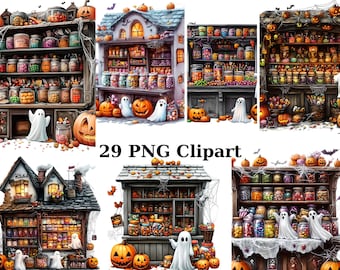 29 cliparts aquarelle de magasins de bonbons Halloween, clipart Halloween, images PNG individuelles sur fond transparent, sublimation