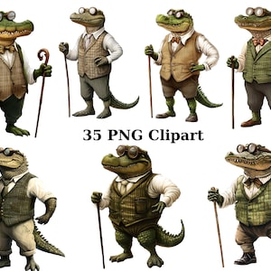35 Gentleman Krokodile Aquarell Clipart, Tiere Clipart, PNG einzelne Bilder auf transparentem Hintergrund, Sublimation